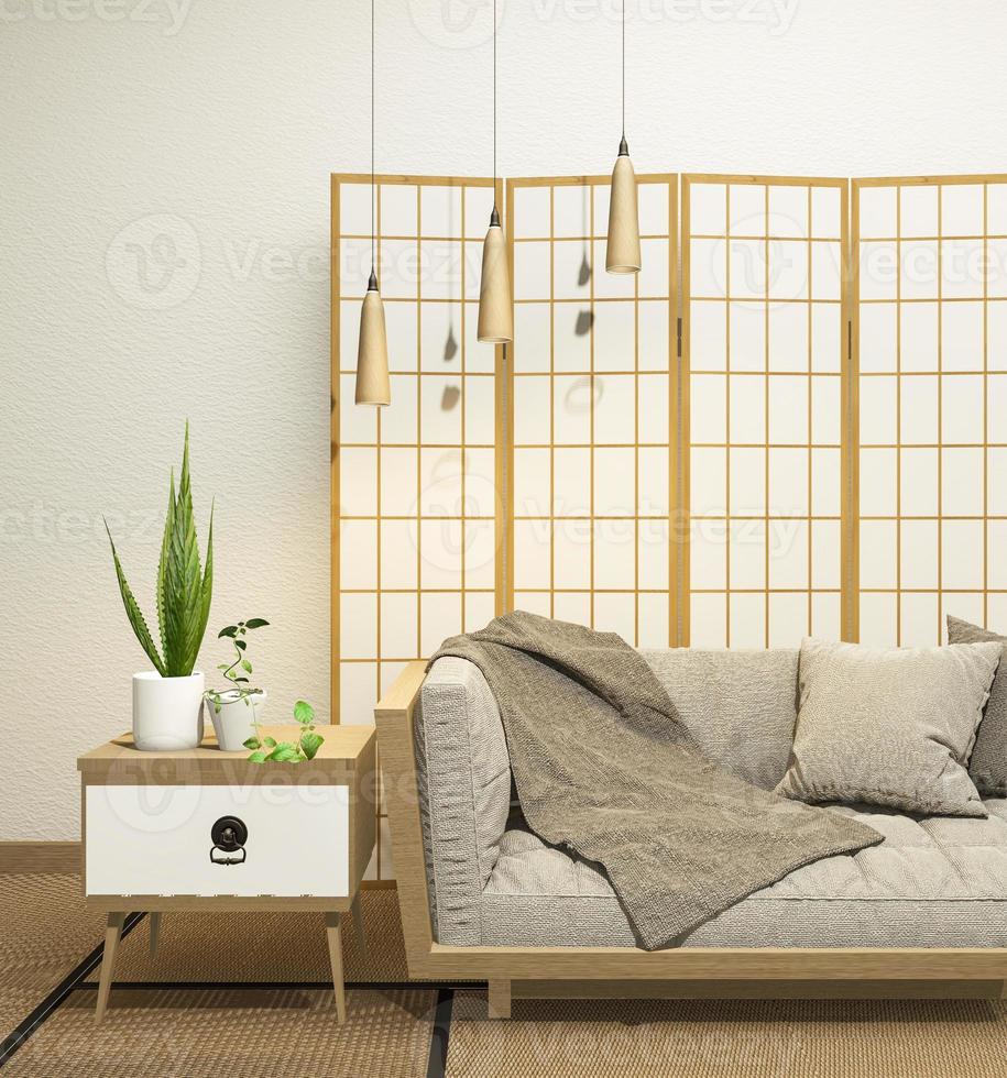 Interior con sofá de terciopelo sobre fondo de pared blanca vacía estilo japonés, representación 3d foto