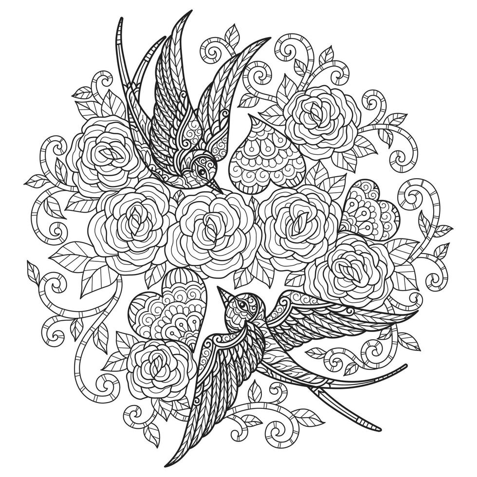 The love of the Swallows hand drawn for adult coloring book vector