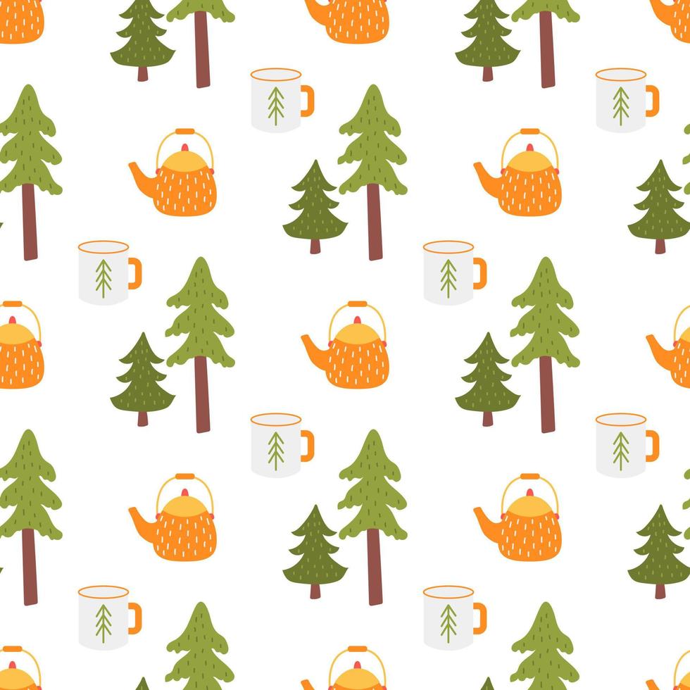 Camping teapot with mug among the trees, vector seamless pattern in flat style