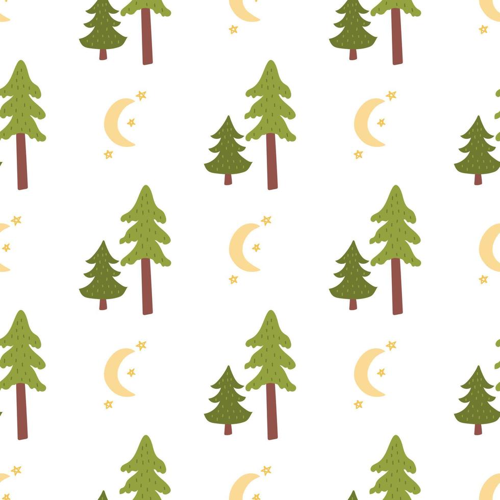 Spruce and moon with stars, vector seamless pattern in flat style
