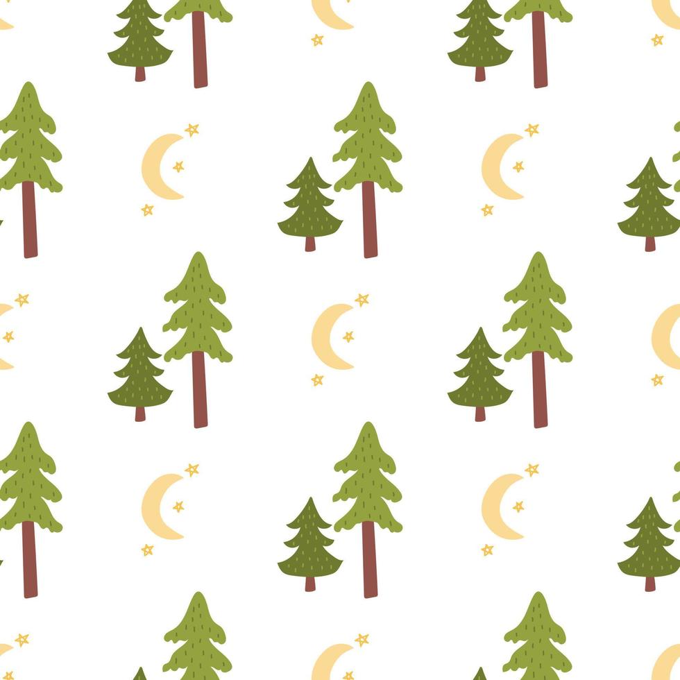 Spruce and moon with stars, vector seamless pattern in flat style