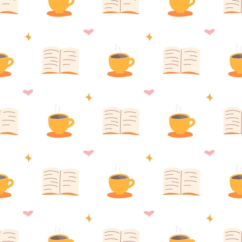 Cup of coffee or tea with an open book, vector seamless pattern