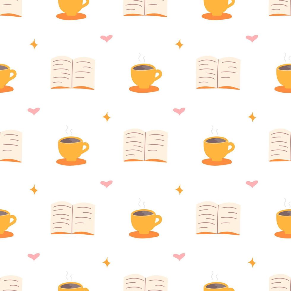 Cup of coffee or tea with an open book, vector seamless pattern