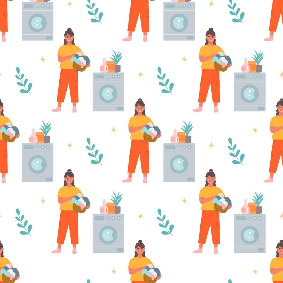 Happy woman in laundry with laundry basket, vector seamless pattern in flat style