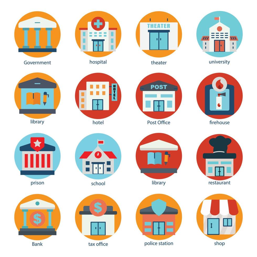 Building flat icon set. Editable stroke. Design template vector