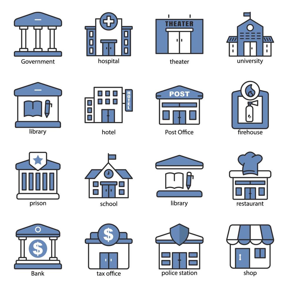 Building icon set. Two Tone line colored Design. the icon can be used for application icon, web icon, infographics. Editable stroke. Design template vector