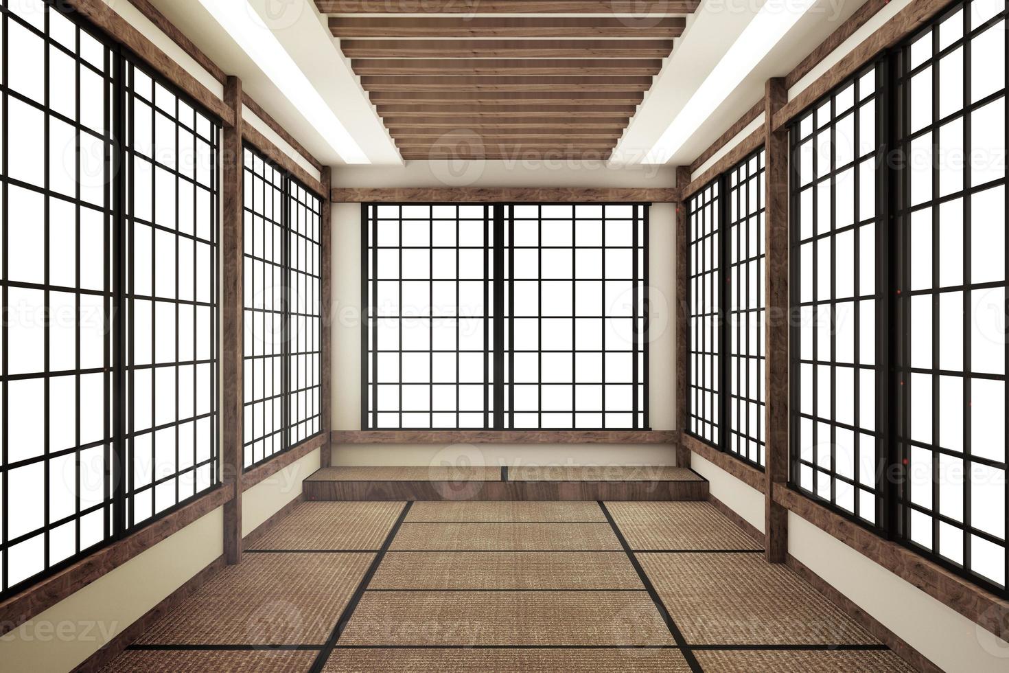 living room interior in and minimal design with Tatami mat floor and Japanese, empty room interior, 3D rendering photo