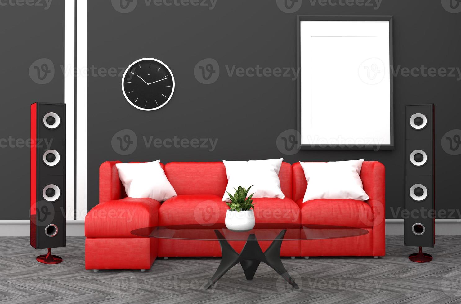 black wall modern style with red speaker and sofa. 3D rendering photo