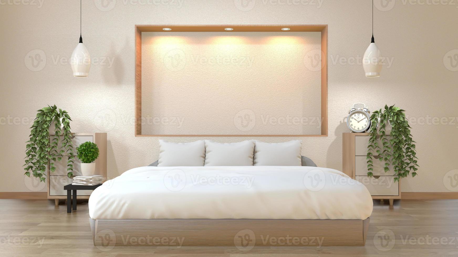 Mock up bedroom japanese style with bed, lowtable, cabinet and wall shelf design down lights.3D rendering photo