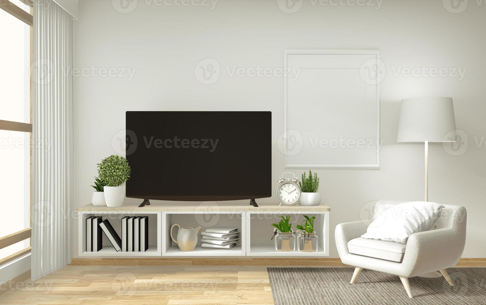 shelf tv in zen modern empty room, mock up minimal design, 3d rendering photo