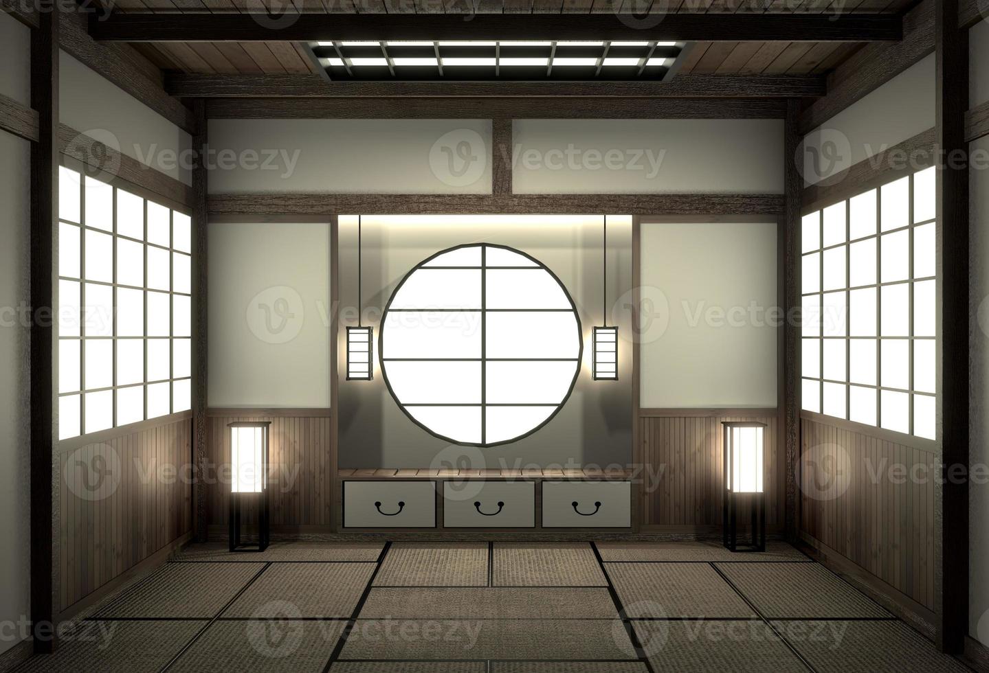 Living room interior design with cabinet in shelf wall design and decoration japan style.3D rendering photo
