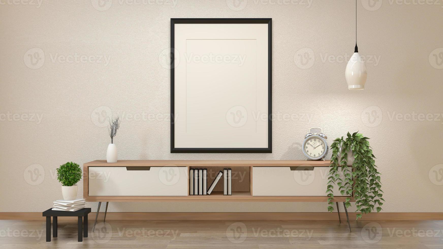 Modern zen interior of japanese living room with wooden cabinet and mock up poster 3d rendering photo