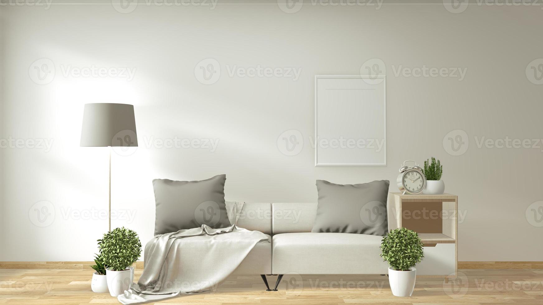 Interior moderno de la sala de estar con sofá y sala de plantas verdes de diseño minimalista japonés. Representación 3d foto