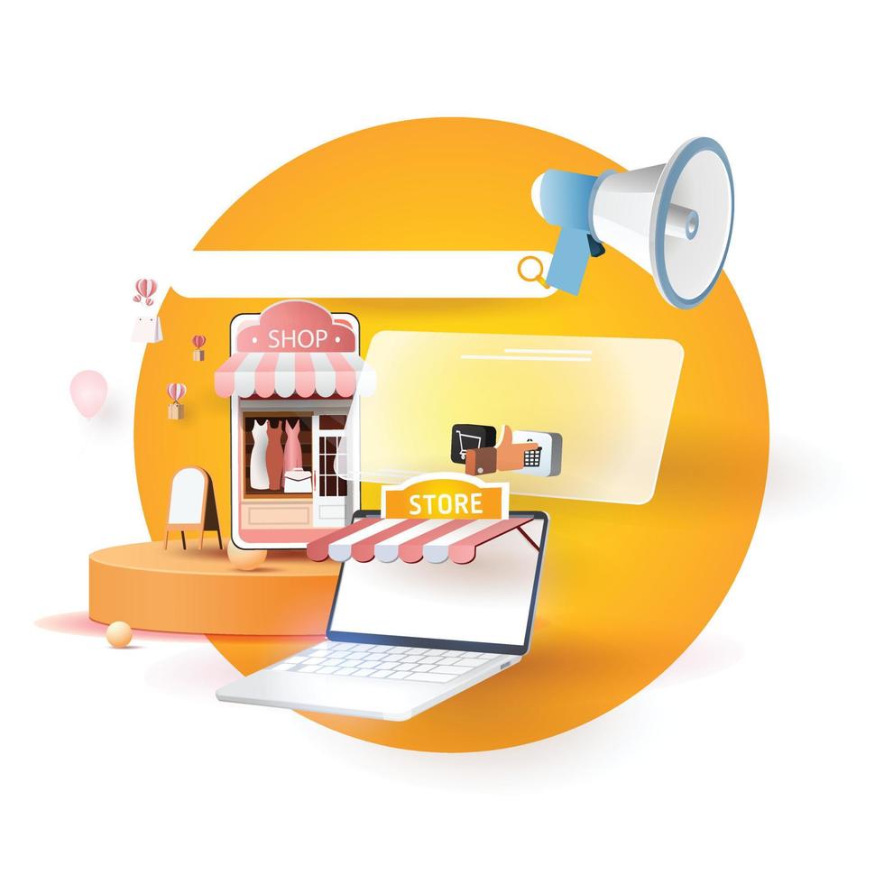 online shopping on phone buy sell business digital  web banner application money advertising payment ecommerce vector illustration search