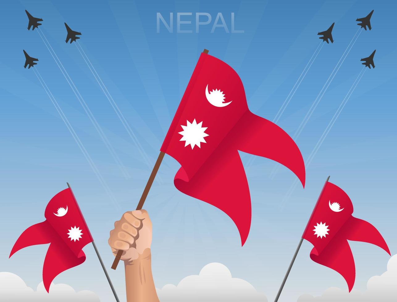 banderas de nepal volando bajo el cielo azul vector