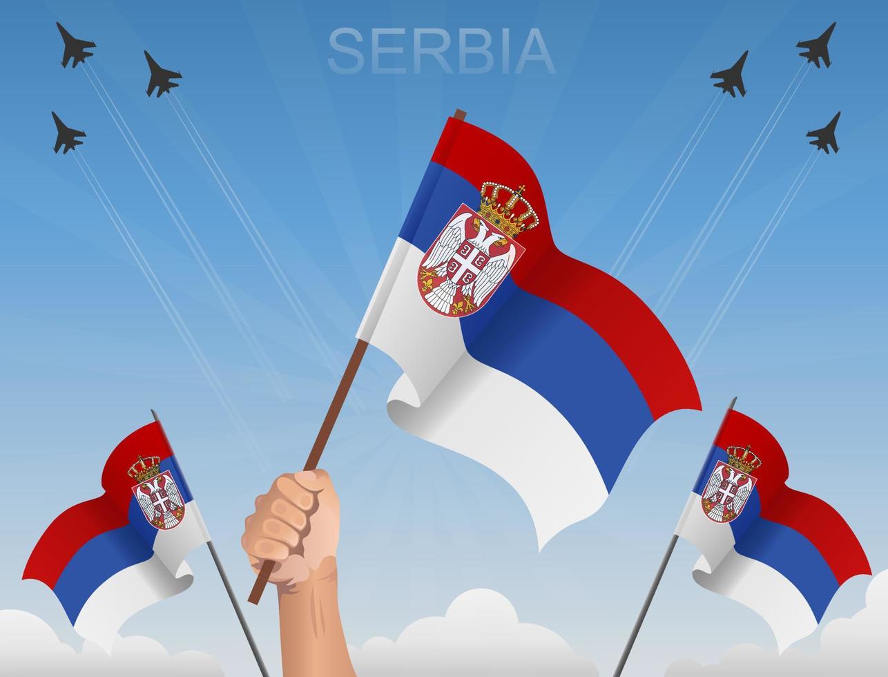 banderas de serbia ondeando bajo el cielo azul vector