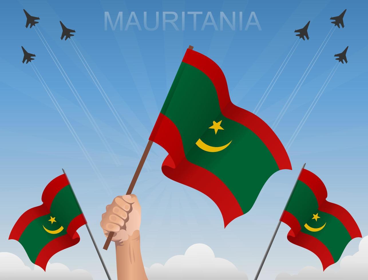Mauritanian flags Flying under the blue sky vector
