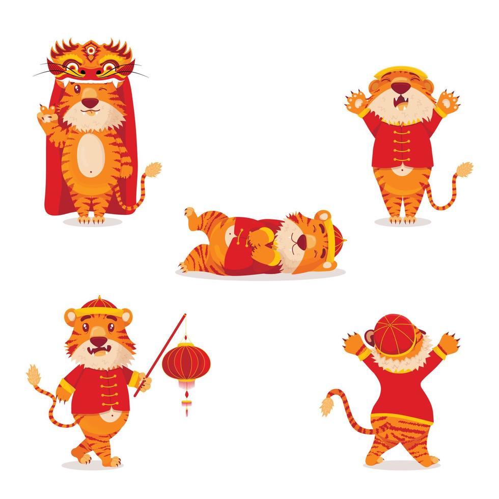 Set of red Chinese tigers in New Year's costumes with lanterns and dragons in cartoon style. Symbol 2022 vector