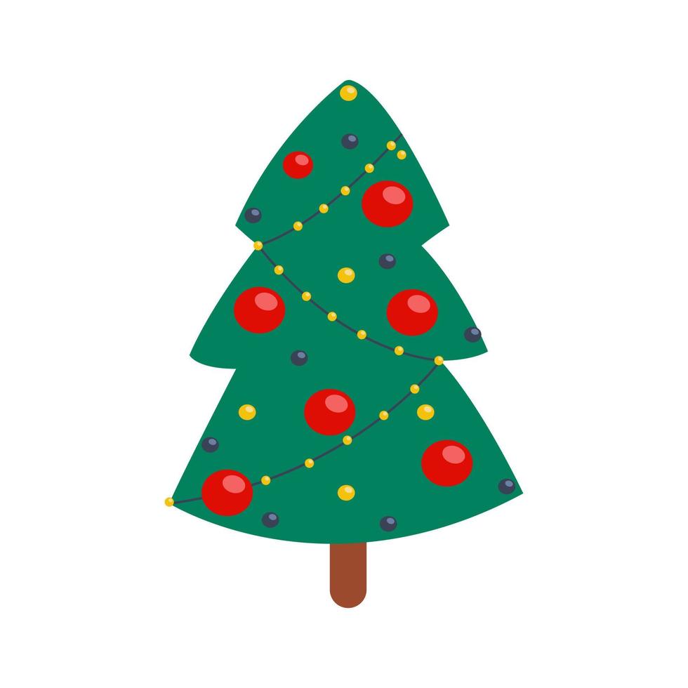 El árbol de Navidad está decorado con bolas y guirnaldas. ilustración vectorial en estilo de dibujos animados plana vector