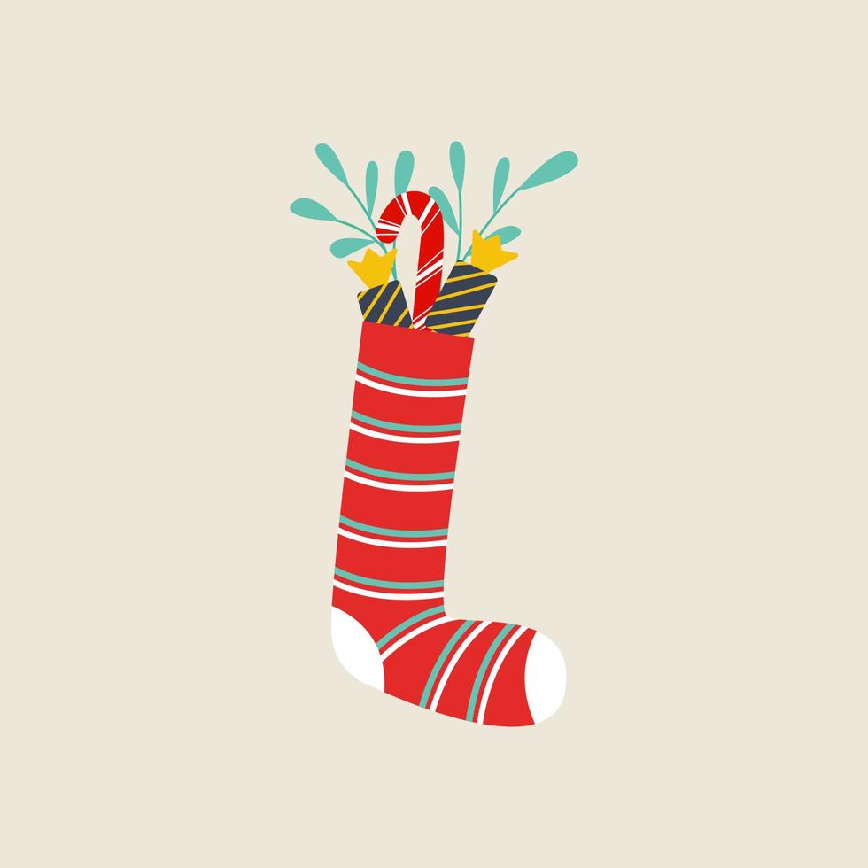 calcetín de Navidad para regalos, dulces en un calcetín, ilustración vectorial aislado. estilo de dibujos animados plana vector