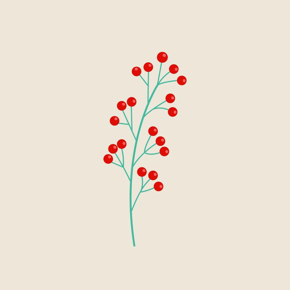 Red berries on a branch with leaves. Vector illustration in flat style