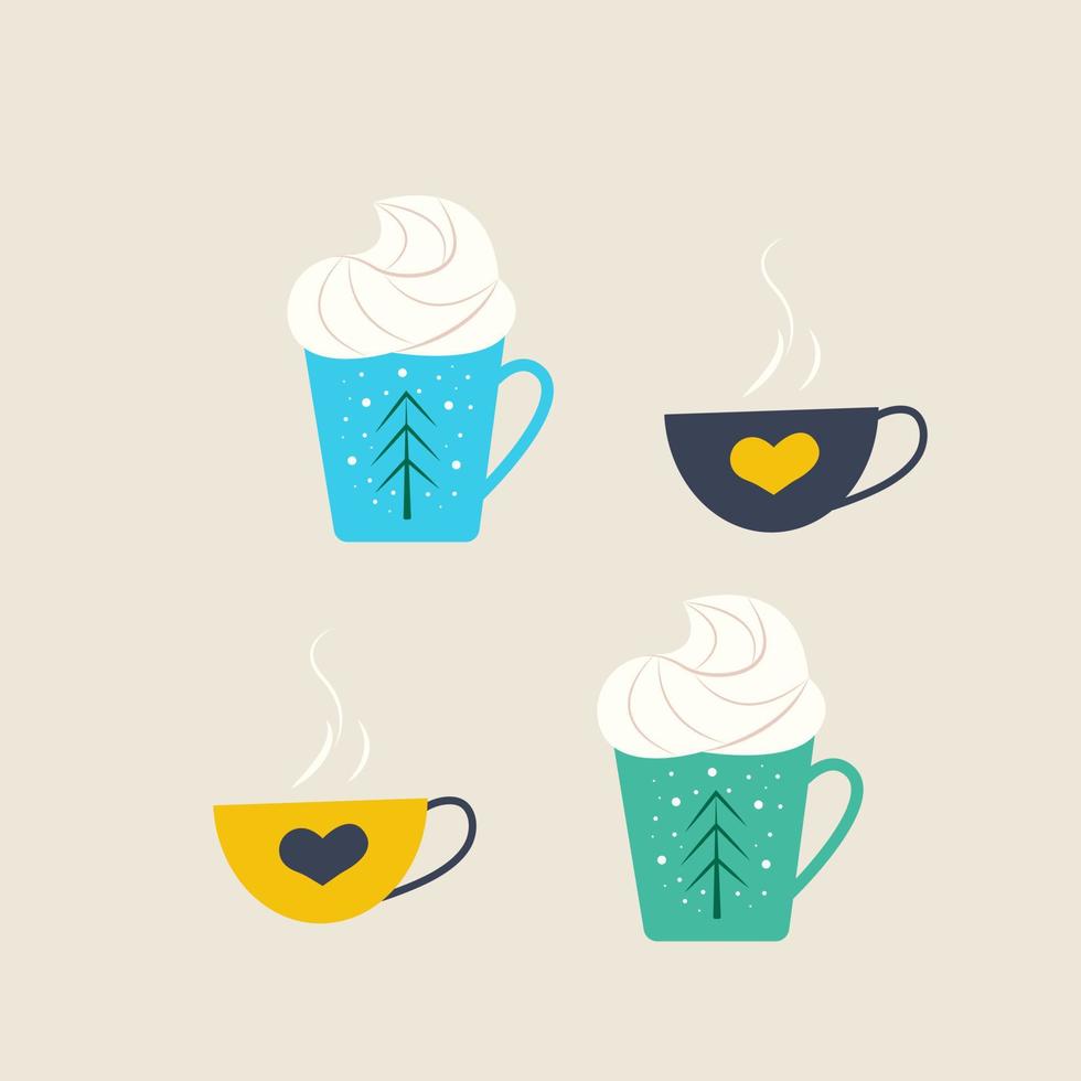 juego de tazas de colores con bebidas calientes. ilustración vectorial en estilo plano vector