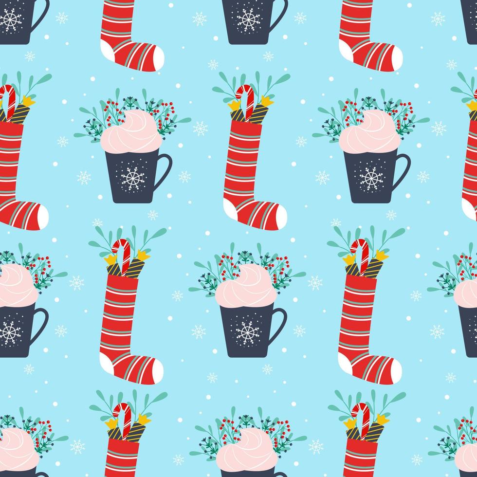 Christmas mug and sock for gifts seamless pattern, vector illustration in flat style