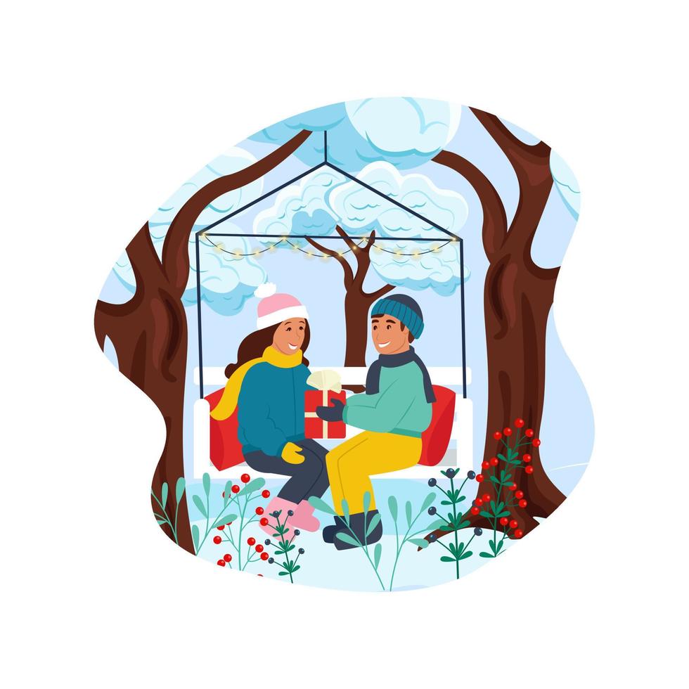 Gifts for the winter holidays. Winter landscape with two flat characters. Illustration of a guy giving a gift to a girl. vector