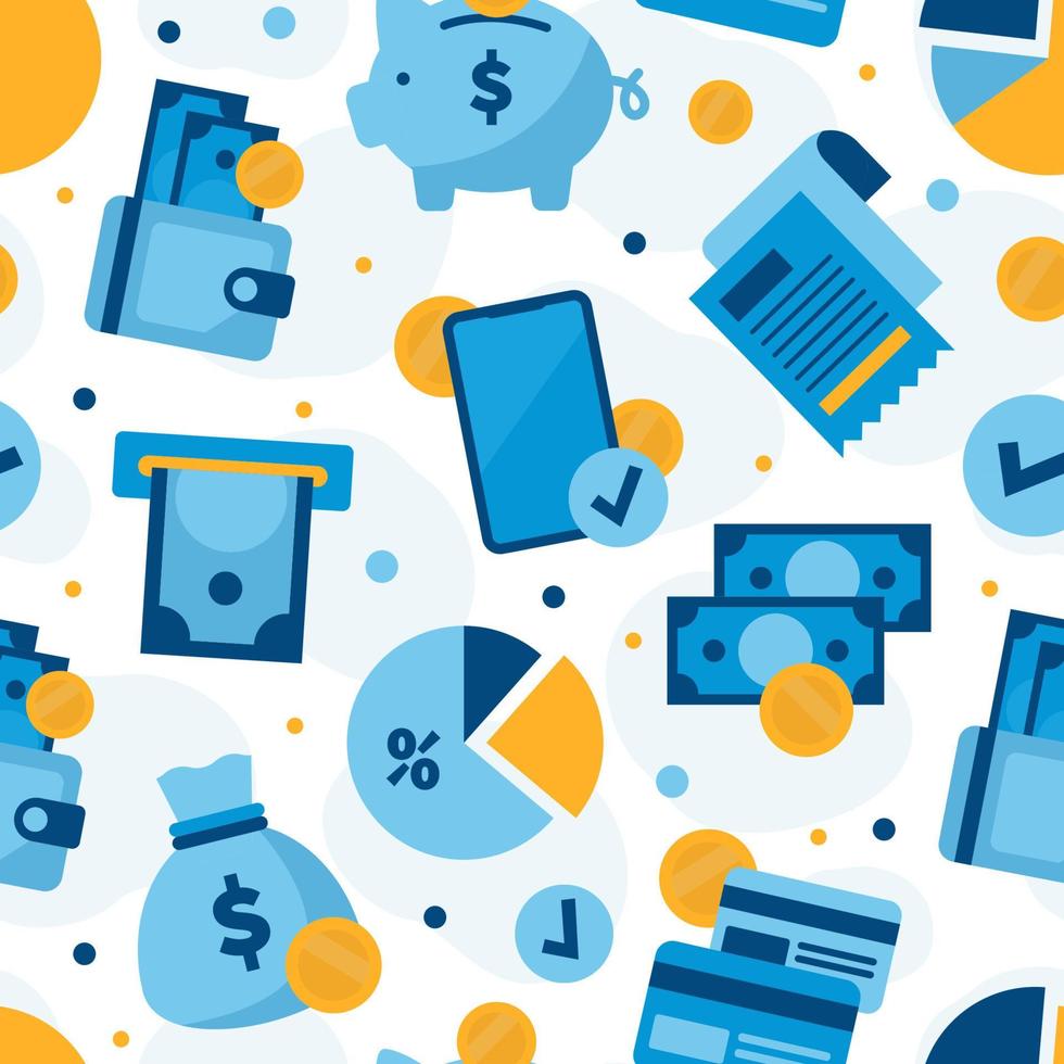transacciones financieras con efectivo y pagos bancarios en línea patrón transparente de vector con iconos de dinero, monedas y cheques. ilustración en colores azules en un estilo plano.