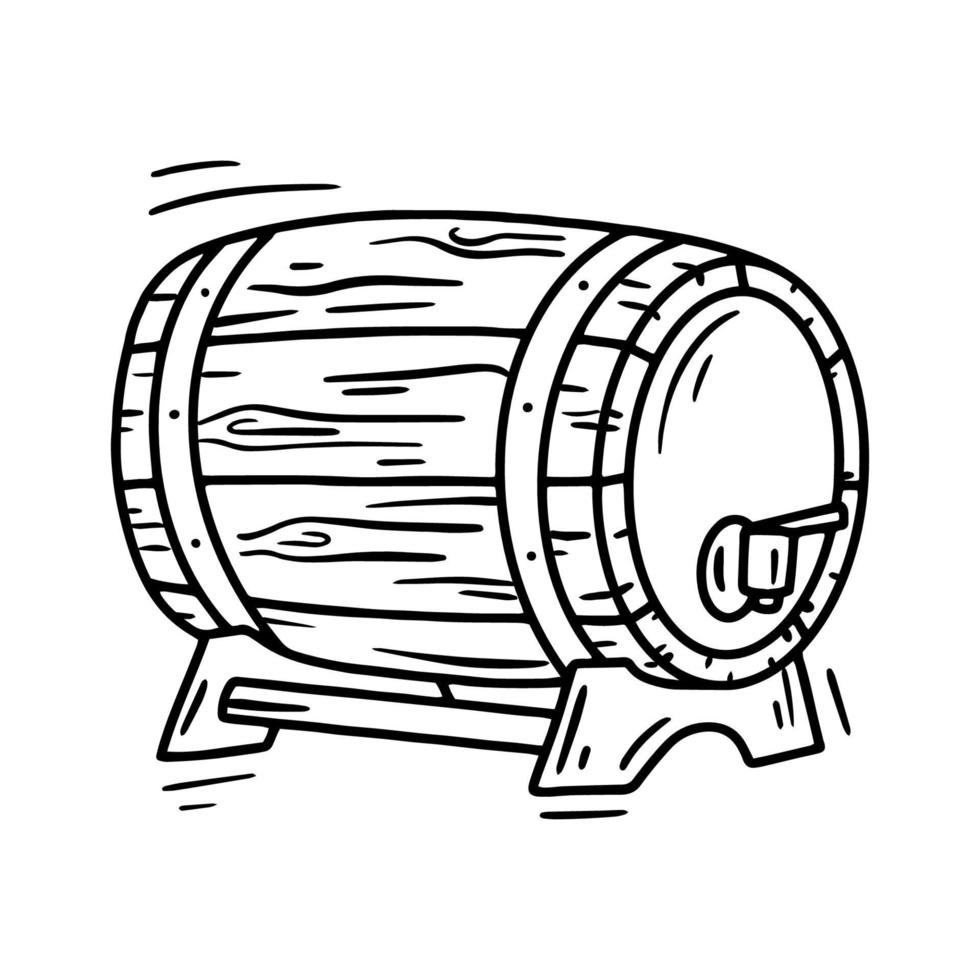 Barril de vino de madera de roble, icono de vector lineal de barrica en estilo doodle