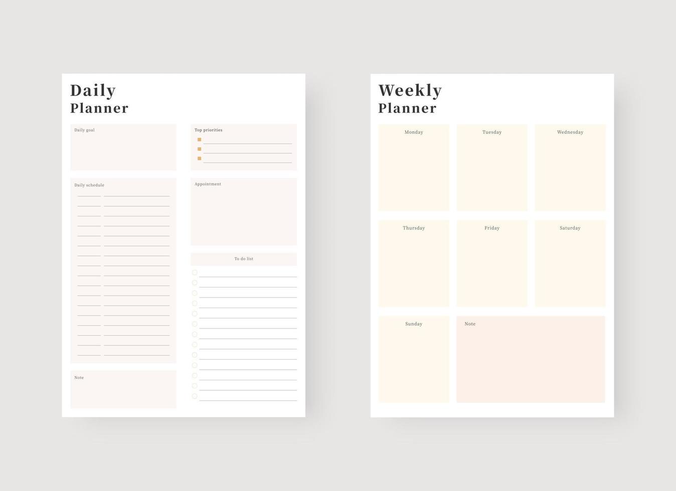 Daily and weekly planner template. Set of planner and to do list. Modern planner template set. Vector illustration.