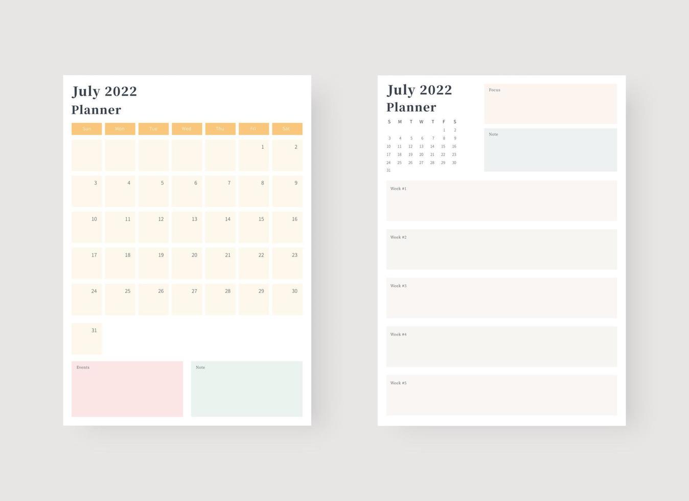 July 2022 planner template set. Set of planner and to do list. Monthly, weekly, daily planner template. Vector illustration.