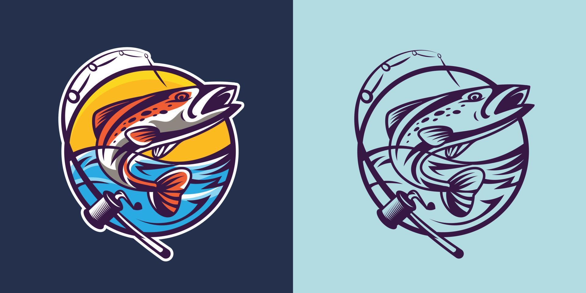Salmon with spinning rod in different styles. Concept art of fishing. vector