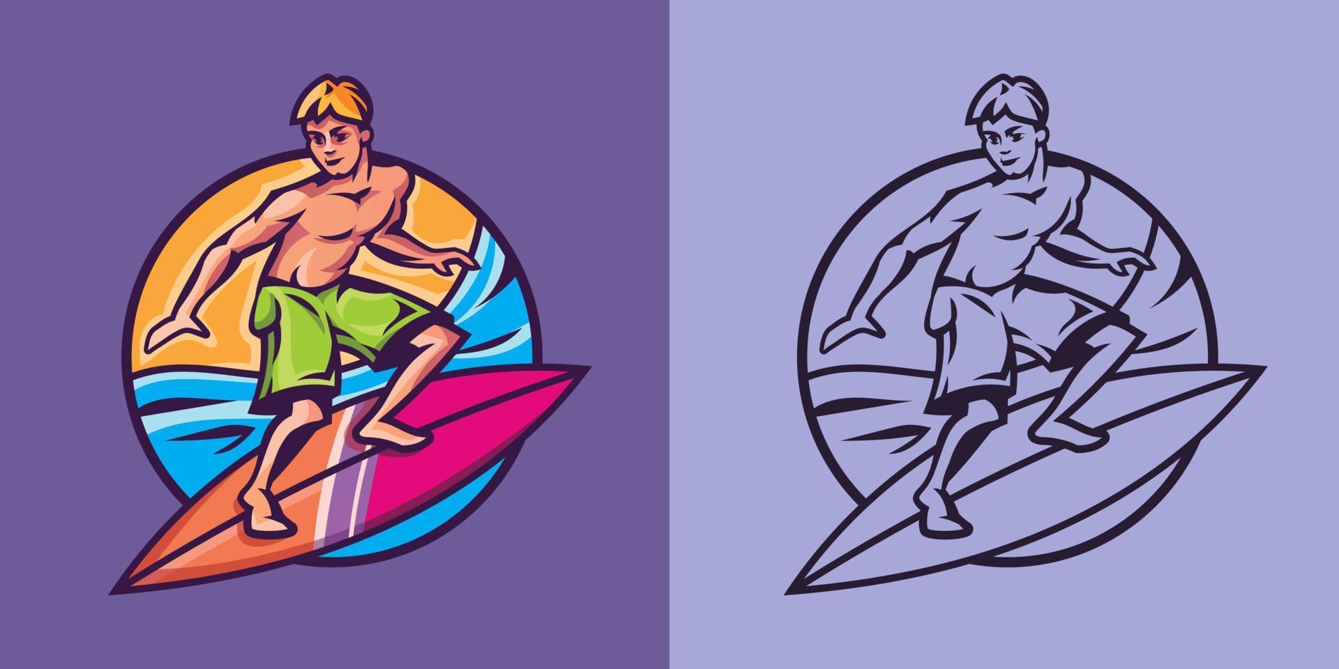 hombre de pie sobre la tabla de surf en diferentes estilos. vector