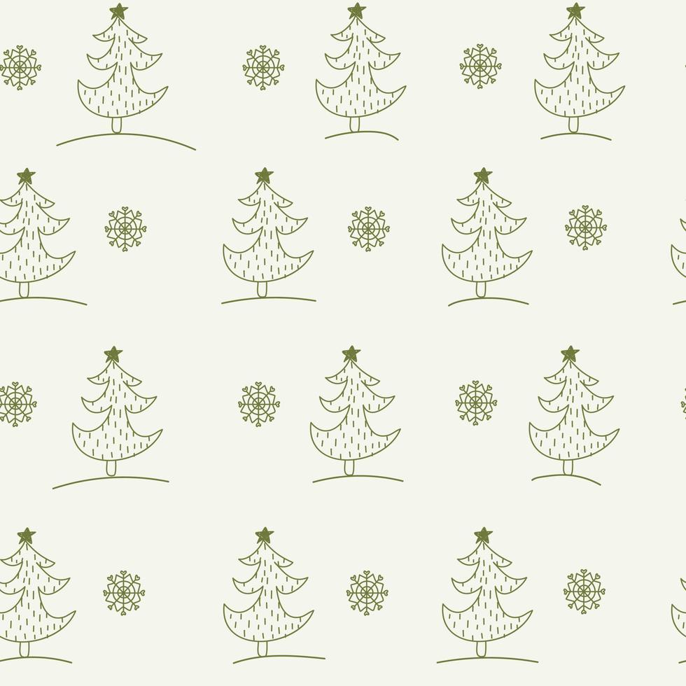 Green pattern with stars Christmas tree lines and doodle snowflakes. Winter texture, textiles, children wallpaper. vector