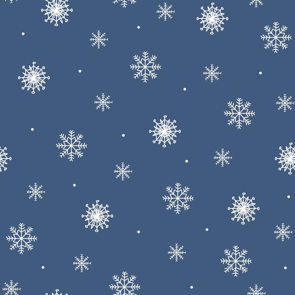 patrón azul con líneas doodle copos de nieve blancos lindos. textura de invierno, textiles, papel tapiz, fondo. vector