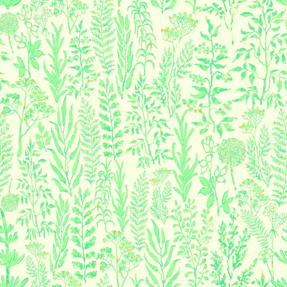 Vector seamless background with colorful watercolor illustration of herbs, plants and flowers. Can be used for wallpaper, pattern fills, web page, surface textures, textile print, wrapping paper