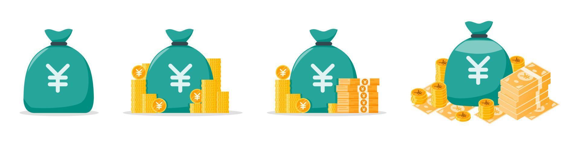 conjunto de iconos de bolsa de dinero de yenes japoneses vector