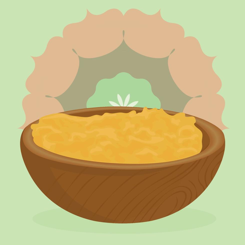 Ghee butter in wooden bowl. Asia India traditional butter in cartoon style. Food ingredient for cooking. Mandala. Flat vector illustration