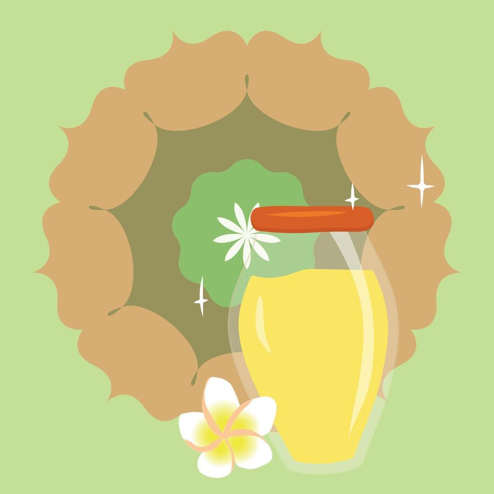 mantequilla de ghee. Ilustración vectorial de productos lácteos clarificados tradicionales de la India. conjunto de un frasco de vidrio, una flor y un adorno mehndi. tema de cocina y alimentación saludable. ilustración vectorial plana vector