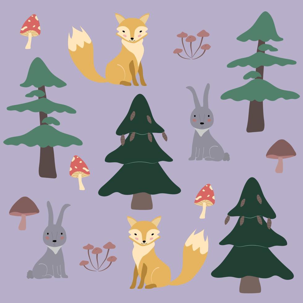 Forest seamless background with cute fox, bunny, mushrooms and trees in cartoon style. Flat vector illustration