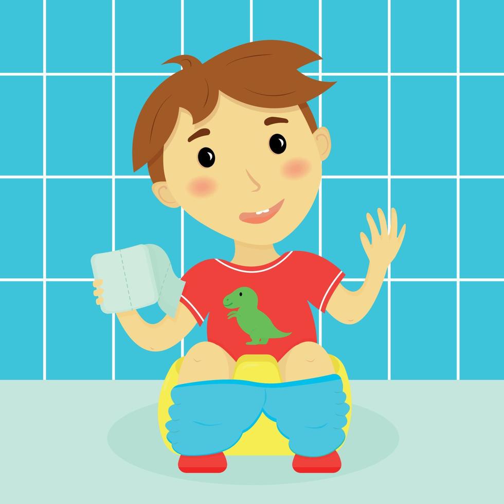Cute little smiling boy sitting on pot with toilet paper. Flat vector illusration. Cute character sits in anfas with his pants down and waves his hand