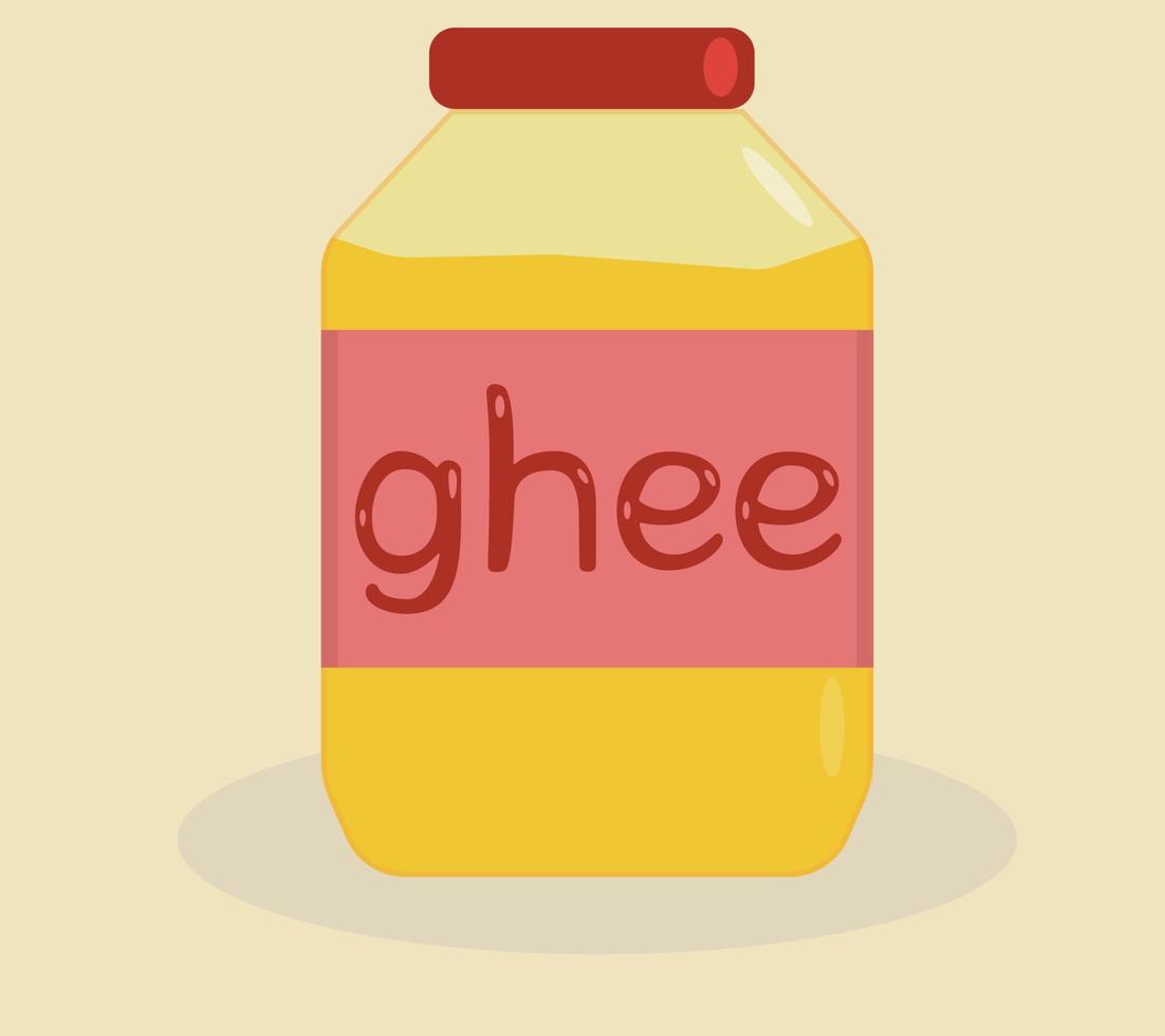 Jar of natural ghee butter, oil. Flat vector illustration. Bright yellow ghee butter in glass