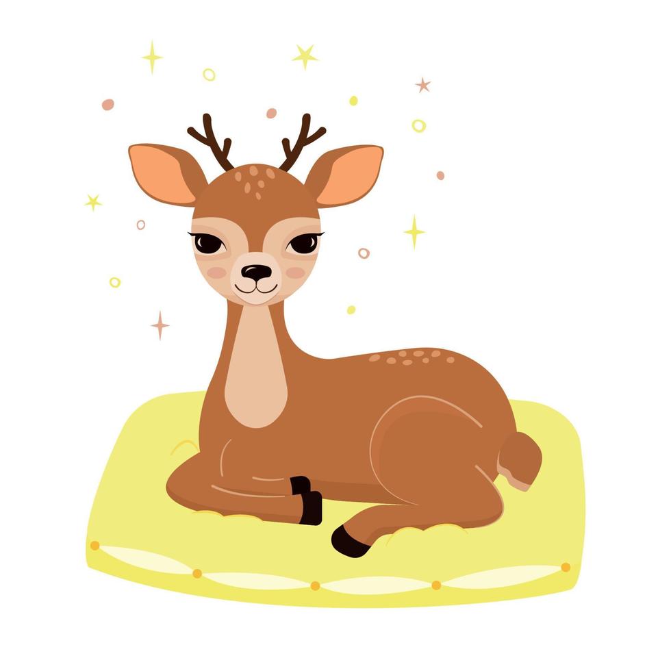 Little baby deer sitting on yellow pillow. Cute cartoon design for babies, nursery, playroom. Flat vector illustration