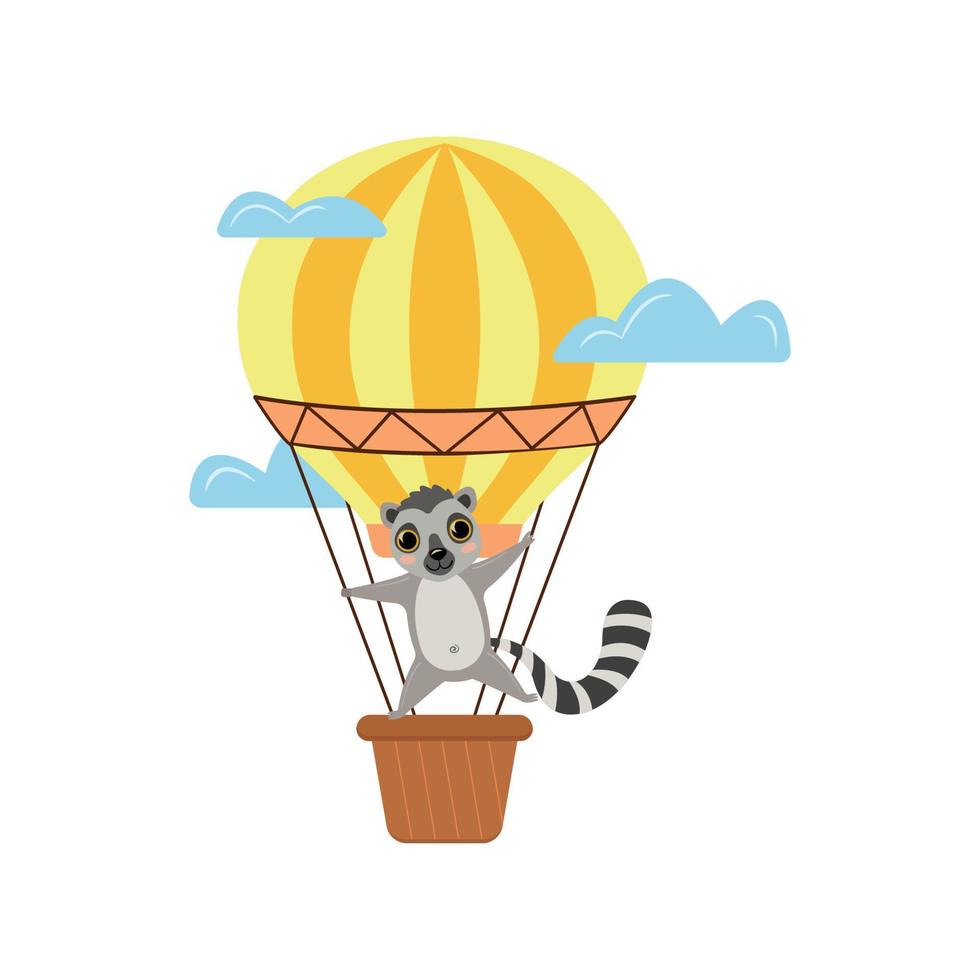 Little baby lemur in yellow balloon flying in the sky. Cute cartoon design for babies, nursery, playroom. Flat vector illustration