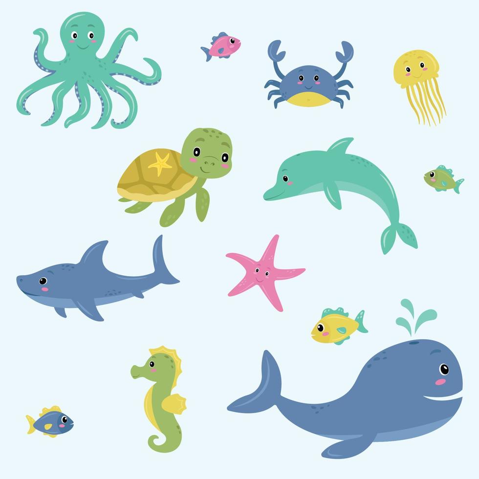 Sea, ocean life cute vector cartoon illustration set for children. Fish, whale, octopus, turtle, sea star, shark, sea horse, crab, jellyfish, dolphin. Bright good characters