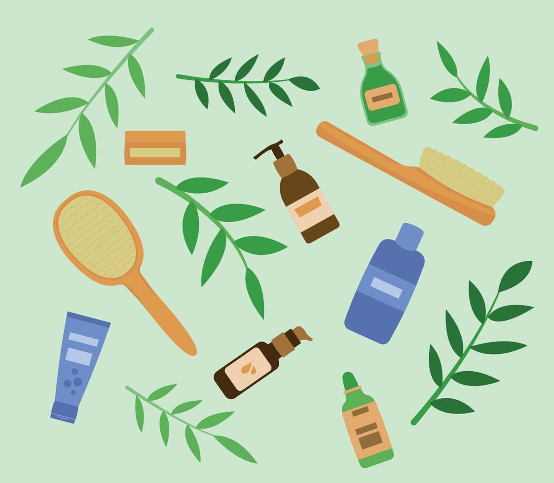 Set of organic cosmetics. Shower brushes, gel, lotion, shampoo, conditioner, ubtan, serum tubes and bottles. Bamboo leaves, light green background. Flat vector illustration