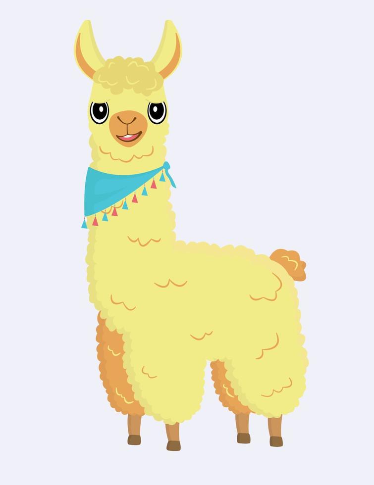 A unisex character. Cartoon fluffy llama with a bandage around its neck. Yellow-orange llama. Blue scarf with multicolored fringes. Llama with big eyes. Flat vector illustration