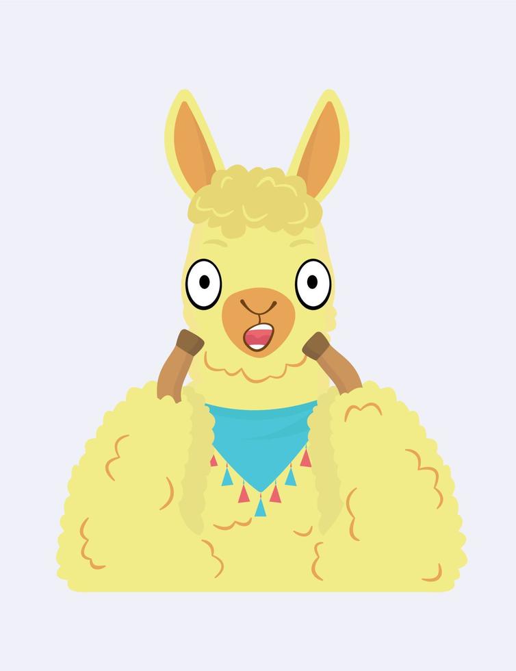 A unisex character. Cartoon fluffy scared or surprised llama with a bandage around its neck. Yellow-orange llama. Surprised face with open mouth. Llama with big eyes. Flat vector illustration