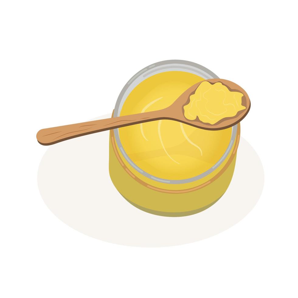 aceite de ghee en una vista superior del frasco. una cuchara de madera con mantequilla de ghee se encuentra en un frasco de vidrio. útil comida ayurvédica brillante natural. ilustración vectorial plana de dibujos animados vector